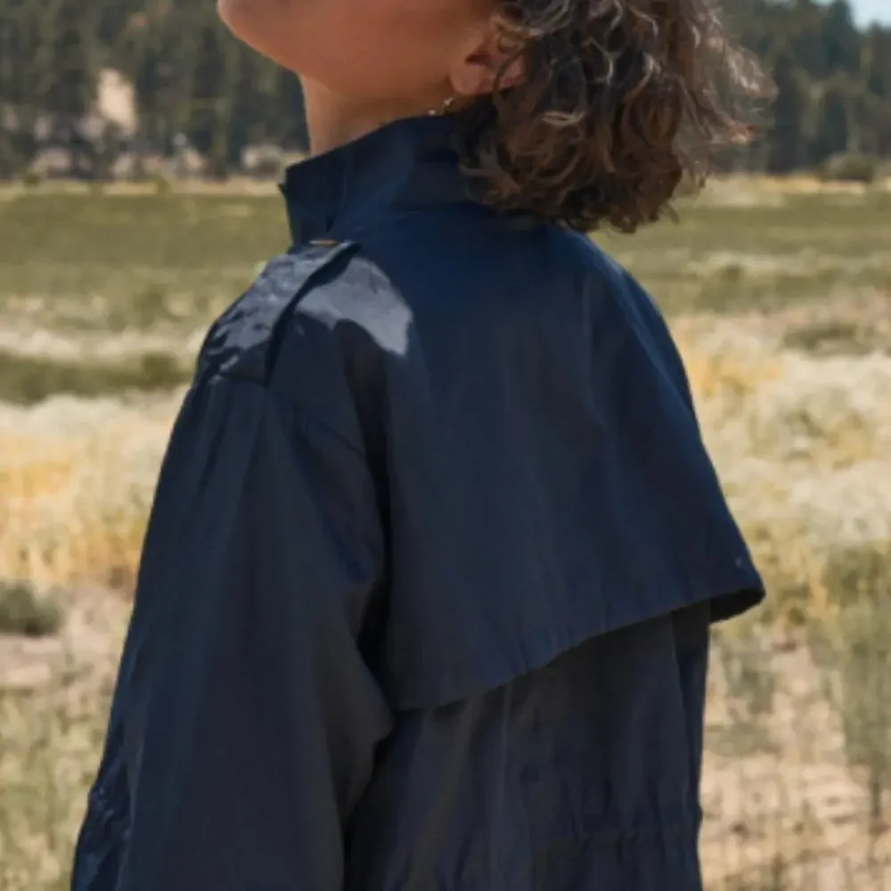 Navy Glossy Drawstring Trim Button-Down Coach Jacket - Picture 6 of 16